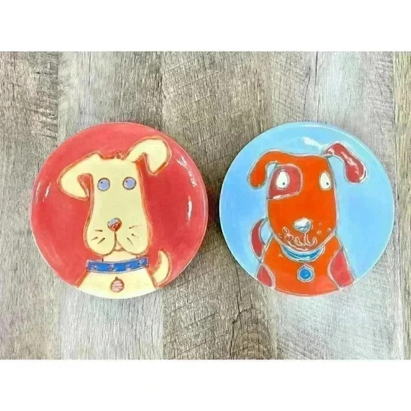 Lot Of 2 Dept 56 Dog Plate 7” Round Ceramic Dinner Lunch Or Pet Use Folk RARE - Picture 2 of 8